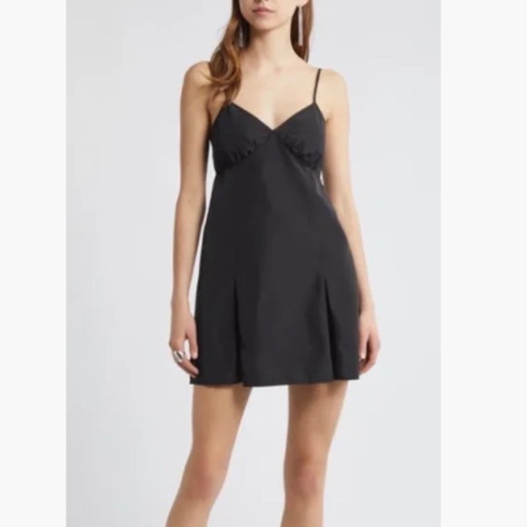 NWT Open Edit Black Spaghetti Strap Mini Dress with Side Slit Pleats Size L - Picture 13 of 14